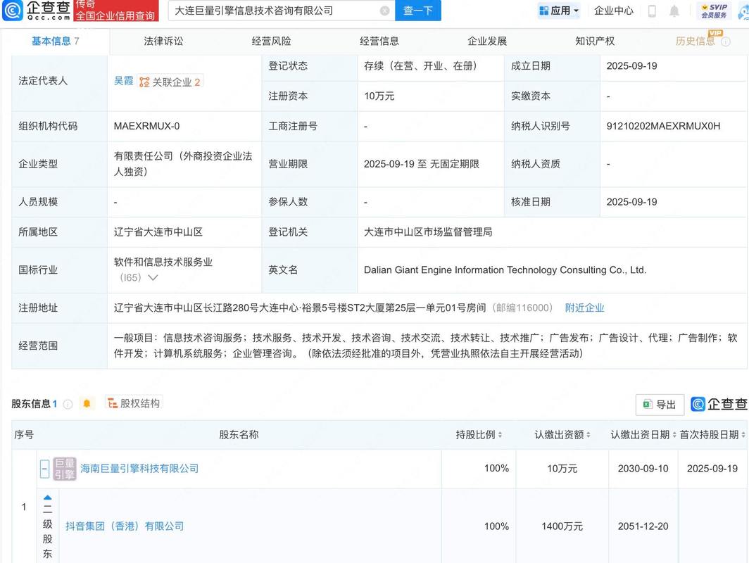 抖音在大连成立信息技术咨询公司